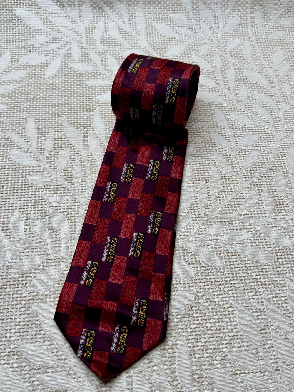 Versace Men's Burgundy and Black Checkerboard Silk Tie with Gold Accents vintage